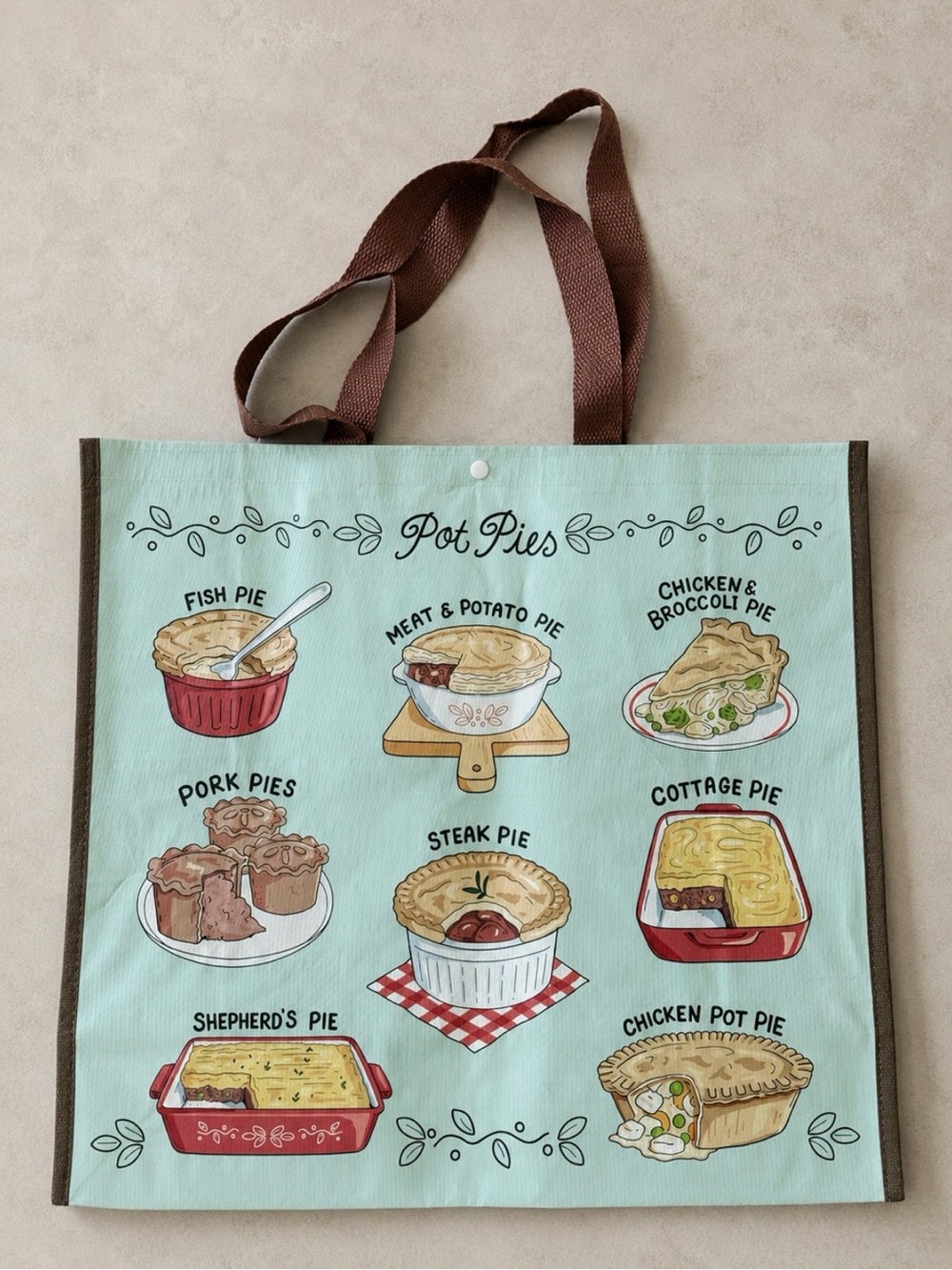 Pot pies print reusable tote bag